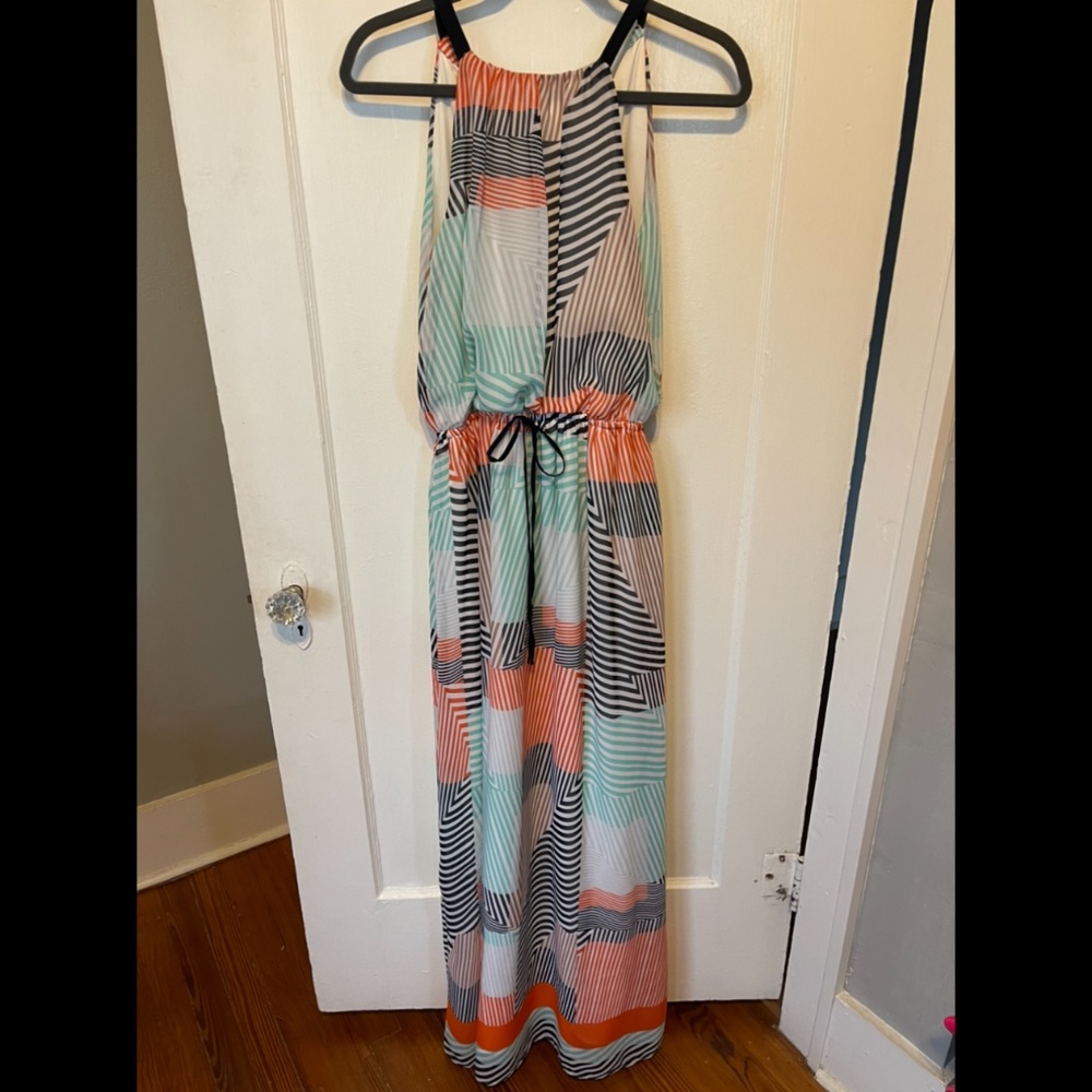 Vince Camuto Navy, Aqua, Orange Stripe Ribbon Halt